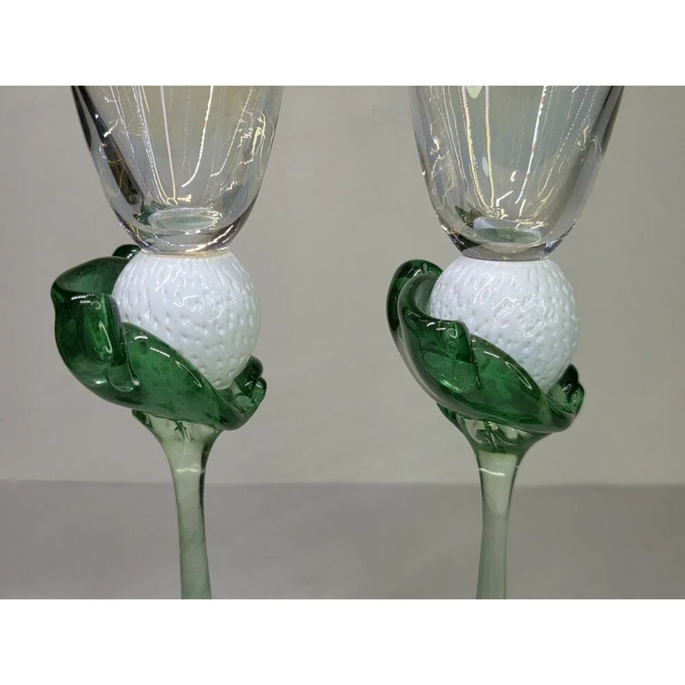 Pair Vintage Hand Blown Brioni Glass The Perfect Lie Champagne Flutes Golf Ball